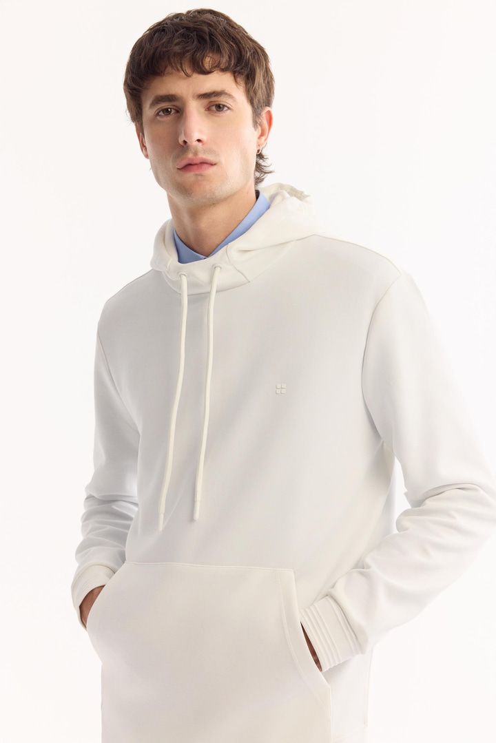 Ekru Kapüşonlu Kolay Ütülenen Bi-Stretch Sweatshirt