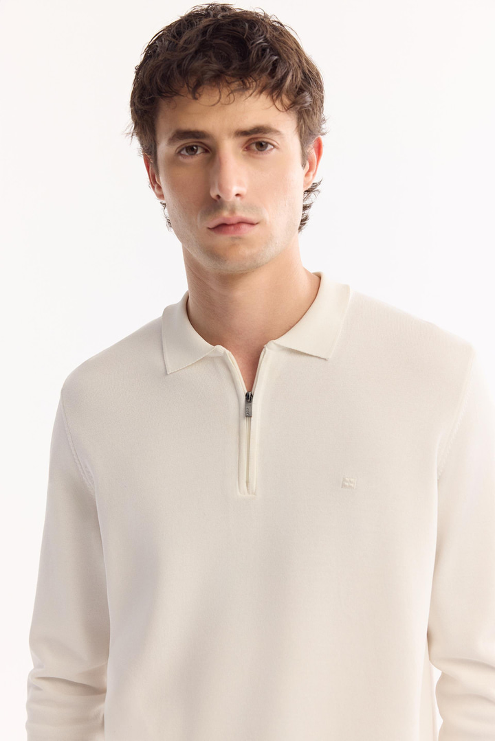 Ekru Polo Yaka Fermuarlı Rayon Tüylenmeyen Basic Triko Kazak