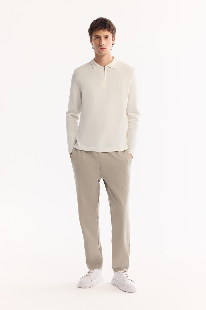 Ekru Polo Yaka Fermuarlı Rayon Tüylenmeyen Basic Triko Kazak