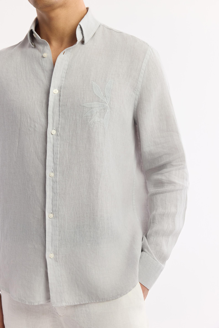 Gri Alttan Britli Yaka Nakışlı %100 Keten Gömlek
