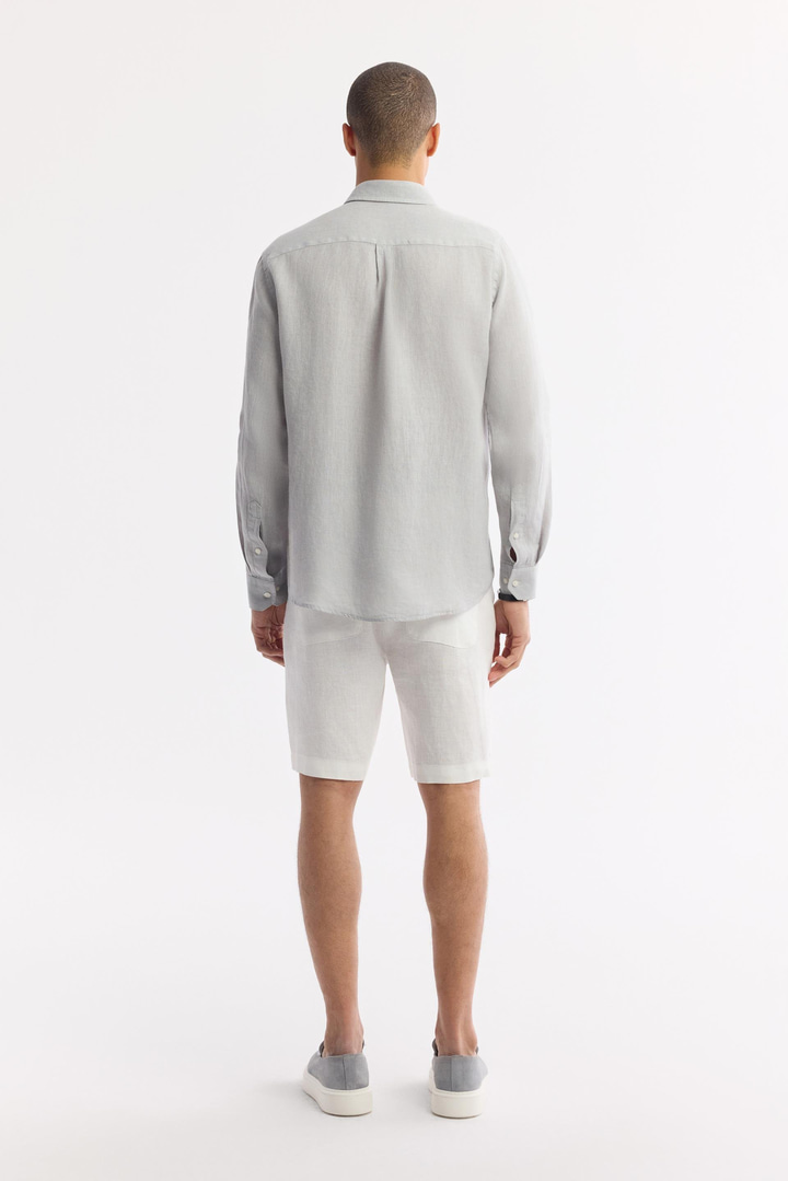Gri Alttan Britli Yaka Nakışlı %100 Keten Gömlek