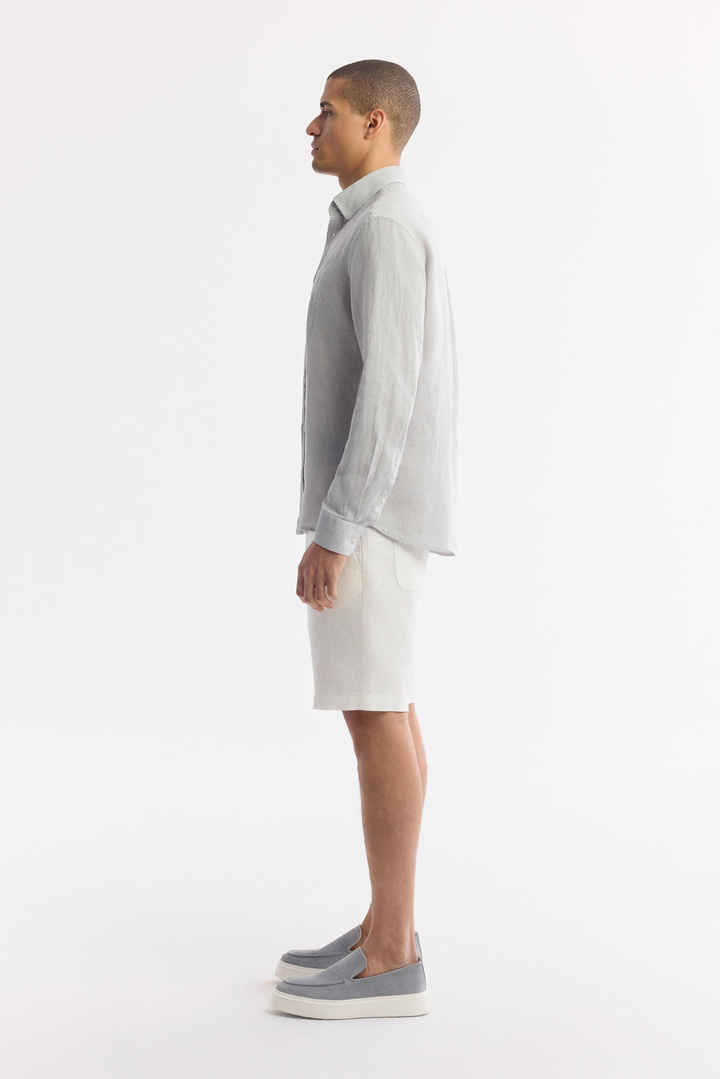 Gri Alttan Britli Yaka Nakışlı %100 Keten Gömlek