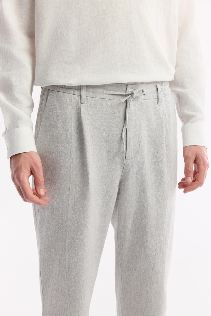 Gri Beli Bağcıklı Keten Karışımlı Chino Pantolon