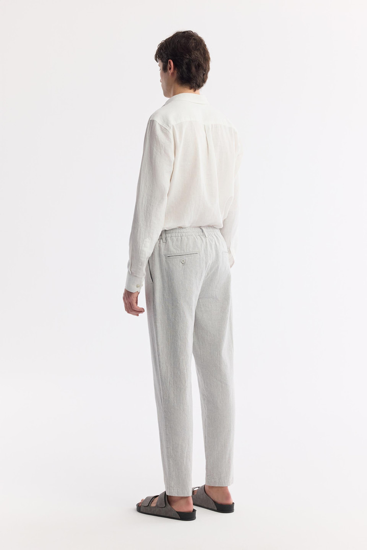 Gri Beli Bağcıklı Keten Karışımlı Chino Pantolon