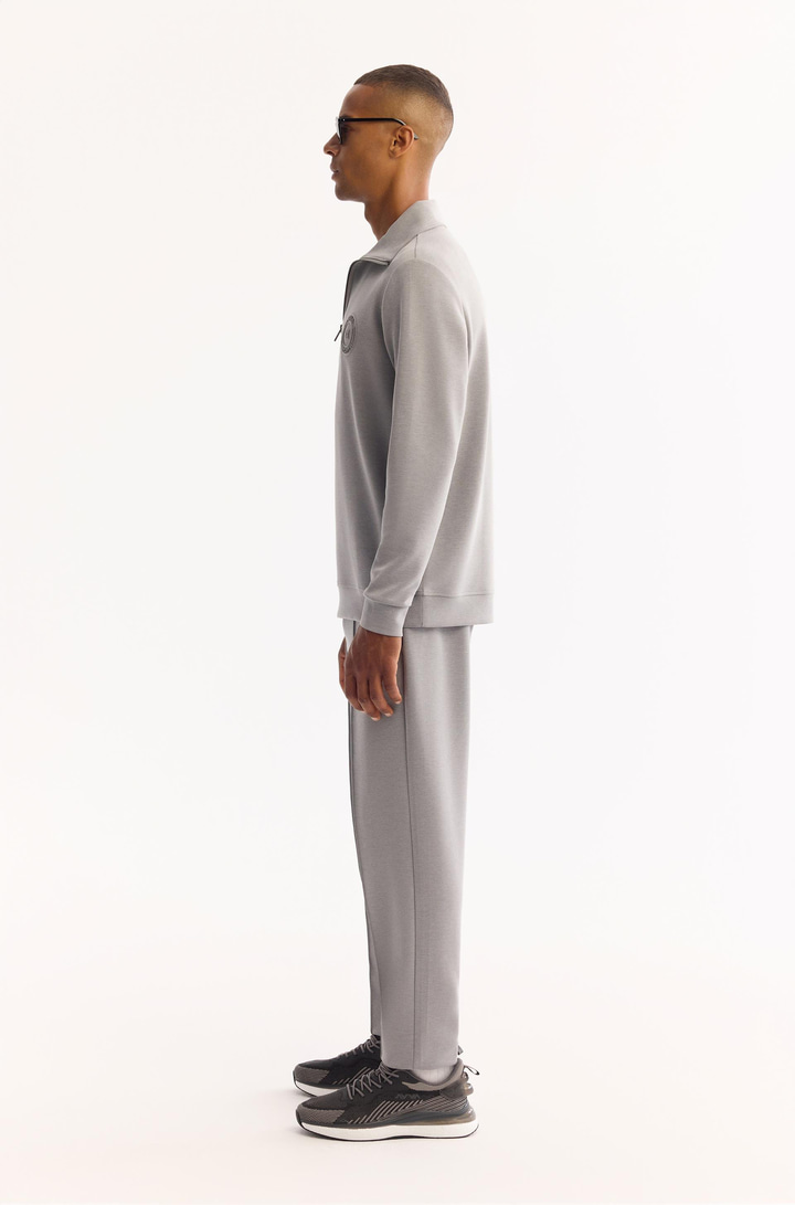 Gri Dik Yaka Fermuarlı Soft Touch Baskılı Sweatshirt