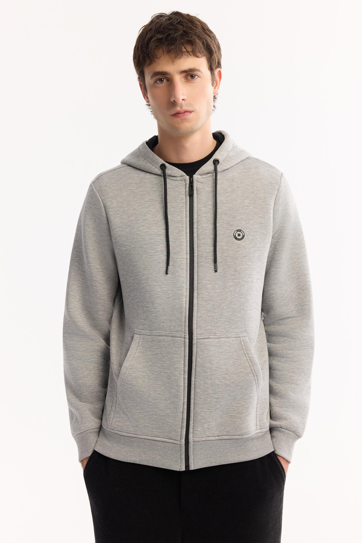 Gri Kapüşonlu 3 İplik Şardonlu Fermuarlı Sweatshirt