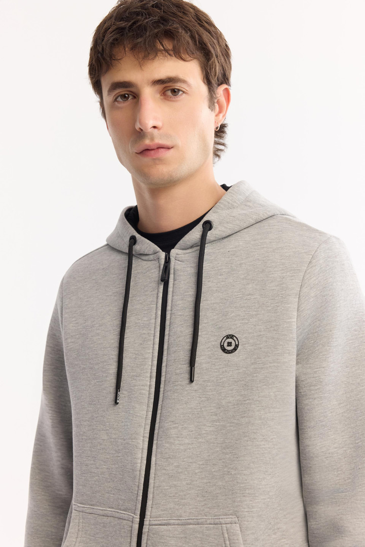 Gri Kapüşonlu 3 İplik Şardonlu Fermuarlı Sweatshirt