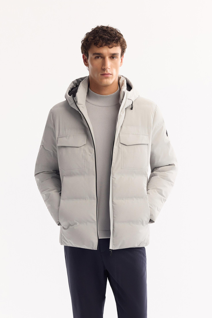 Gri Kapüşonlu %100 Kaz Tüyü Su İtici Rüzgar Geçirmez -7 Dereceye Dayanıklı Şişme Mont