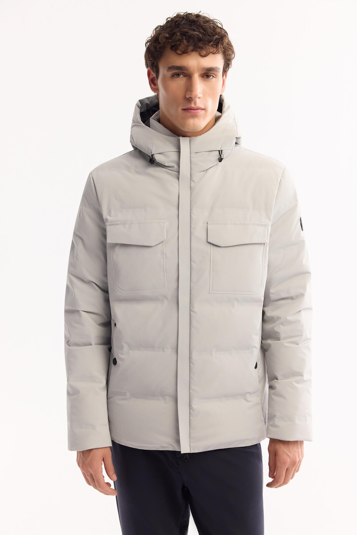 Gri Kapüşonlu %100 Kaz Tüyü Su İtici Rüzgar Geçirmez -7 Dereceye Dayanıklı Şişme Mont