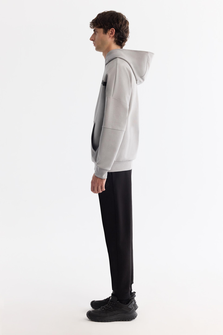 Gri Kapüşonlu Pamuklu Baskılı Elastan Sweatshirt