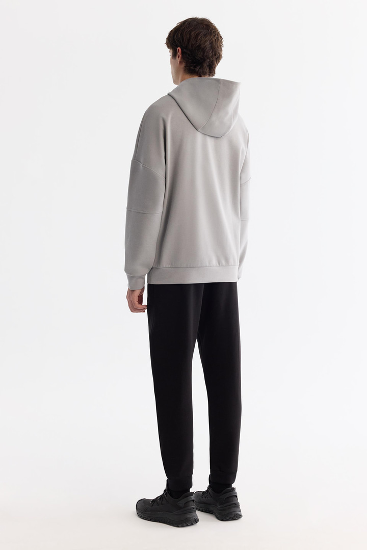 Gri Kapüşonlu Pamuklu Baskılı Elastan Sweatshirt