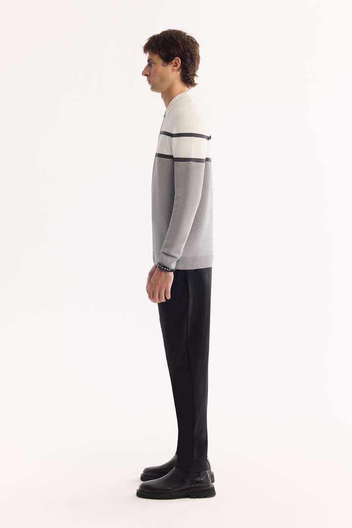 Gri Polo Yaka Fermuarlı Çizgili Triko Kazak