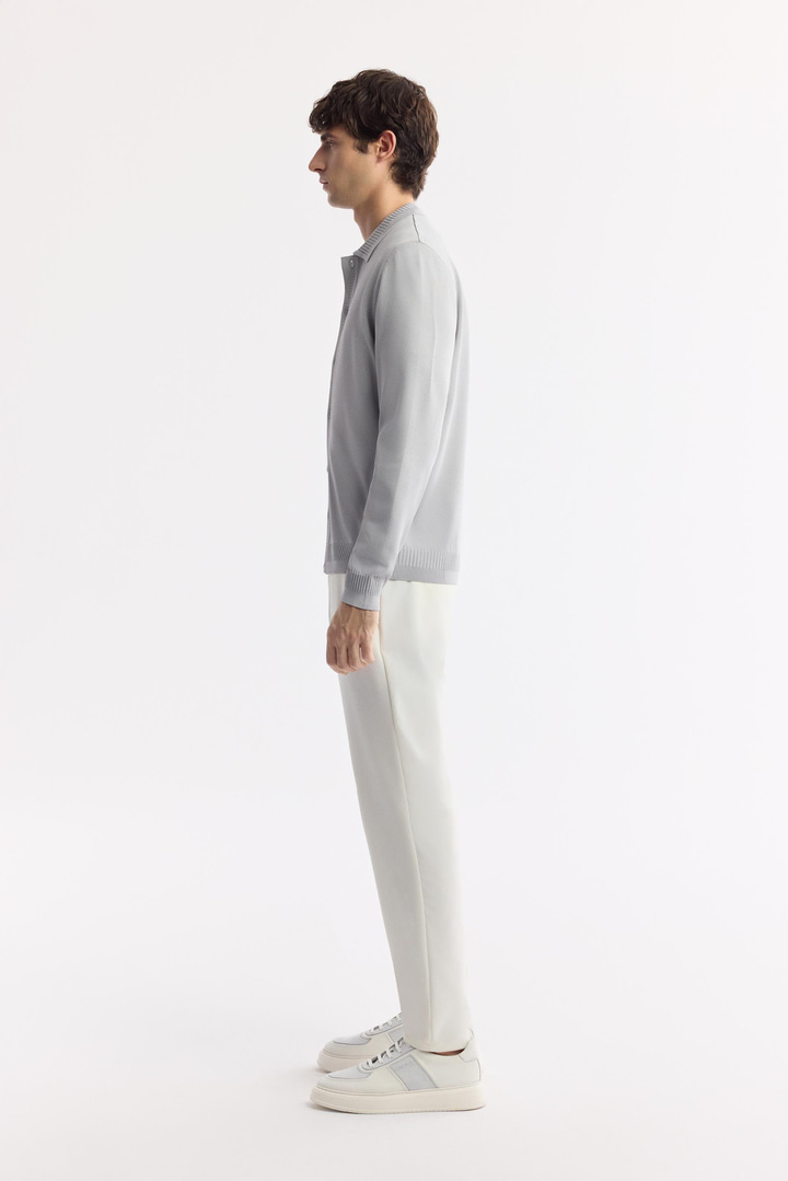 Gri Polo Yaka Düğmeli Rayon Tüylenmeyen Triko Hırka