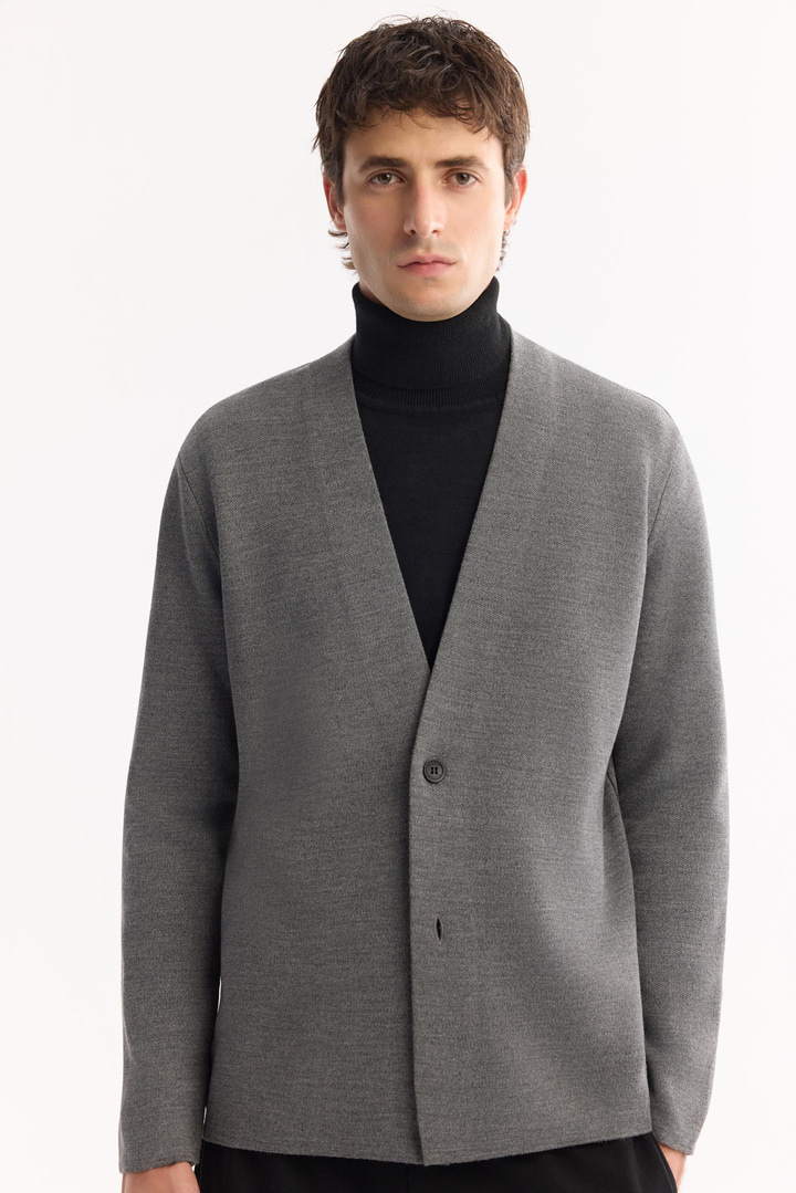 Gri Şal Yaka Düğmeli Yün Karışımlı Hırka