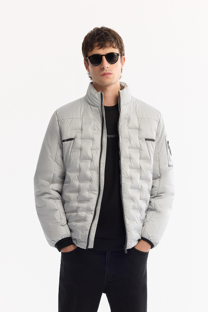 Gri Dik Yaka Su İtici Rüzgar Geçirmez Şişme Mont