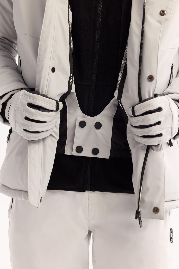 Gri Kapüşonlu Su İtici Rüzgar Geçirmez -15 Dereceye Dayanıklı Şişme Kayak Montu