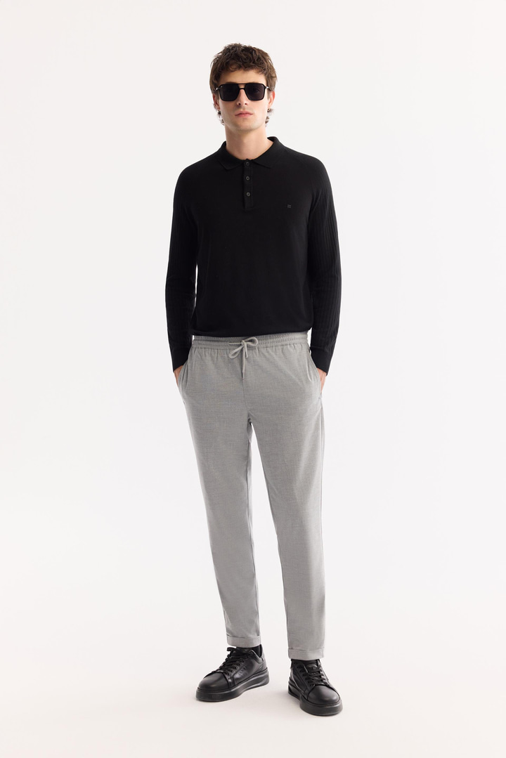 Gri Beli Lastikli Bağcıklı Duble Paça Jogger Pantolon