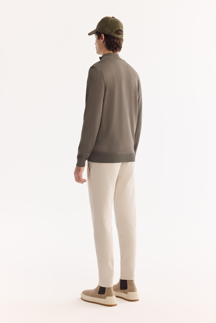 Haki Dik Yaka Fermuarlı Rayon Tüylenmeyen Triko Kazak