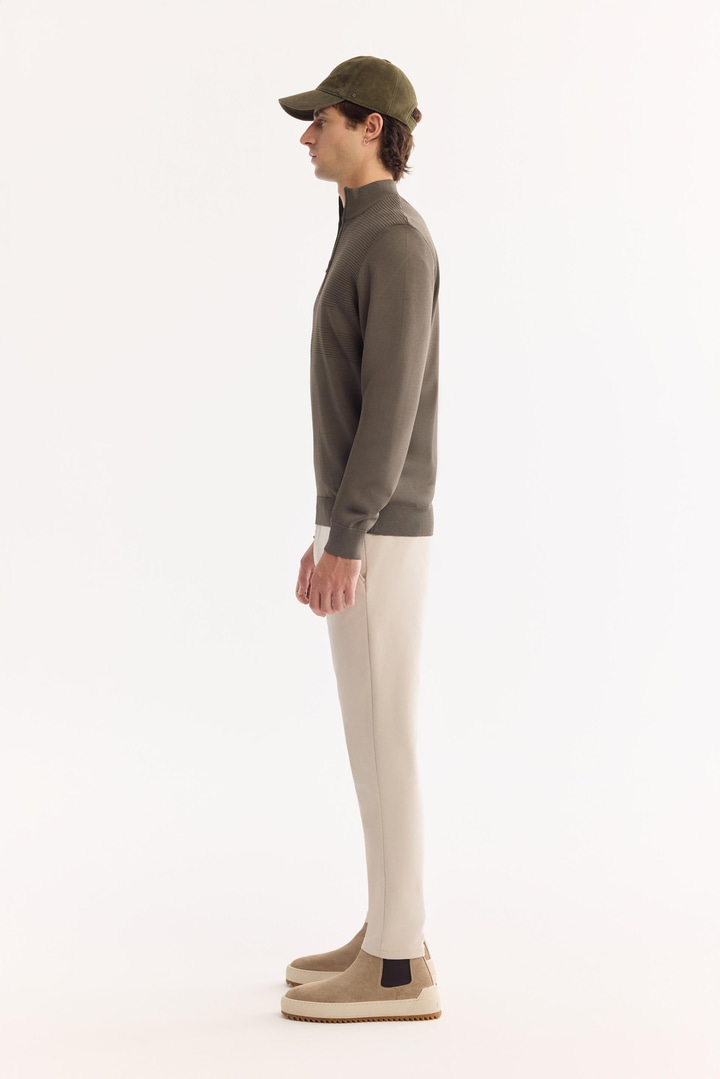 Haki Dik Yaka Fermuarlı Rayon Tüylenmeyen Triko Kazak