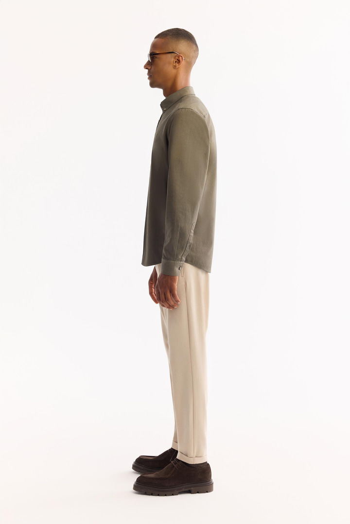 Koyu Haki Düğmeli Yaka Pamuklu Soft Touch Gömlek