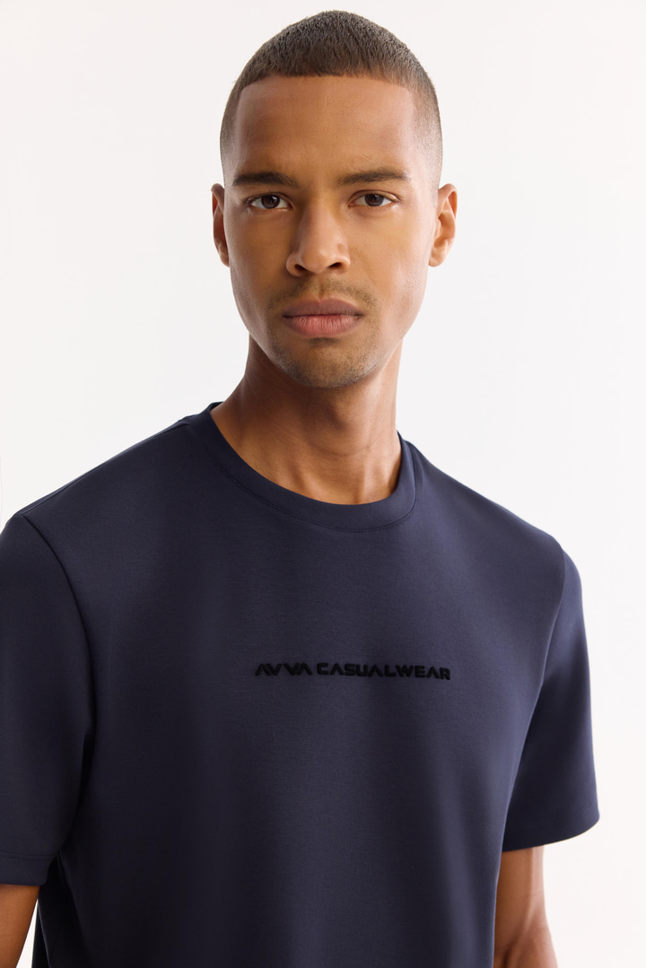 Lacivert Bisiklet Yaka Viskon Karışımlı Bi-Stretch Baskılı T-Shirt