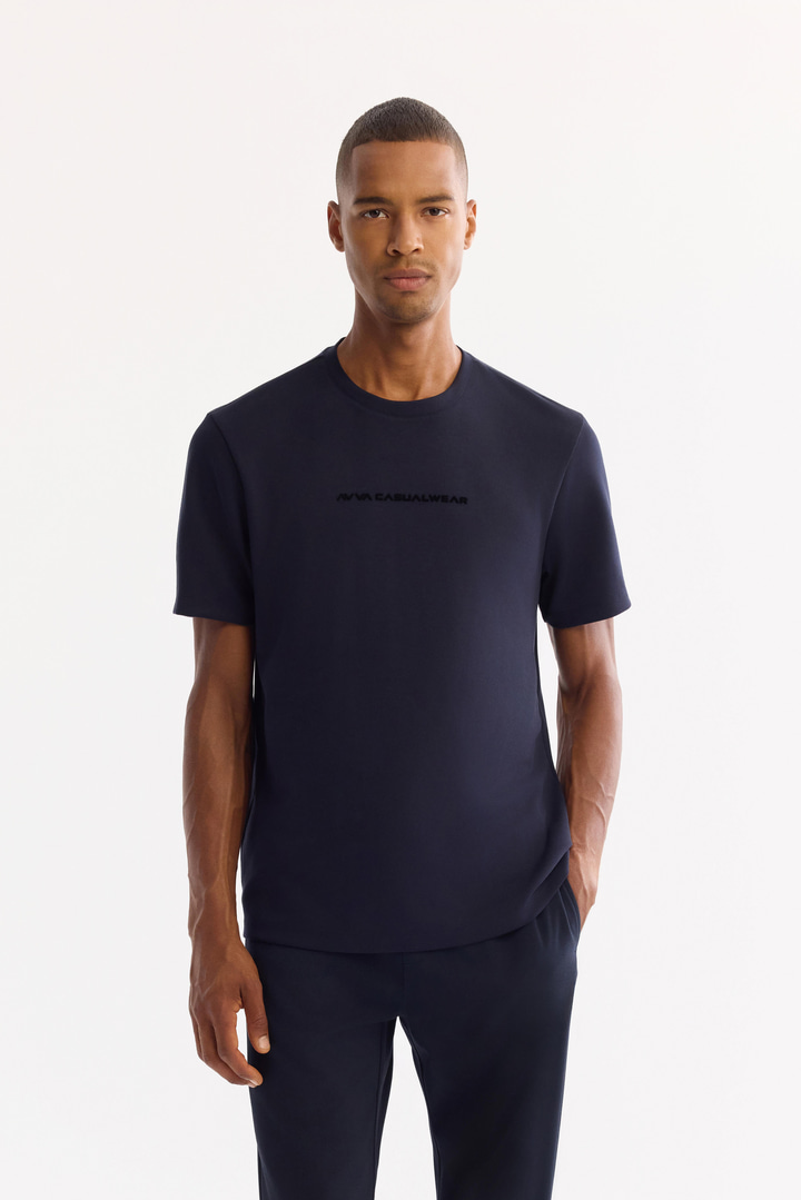 Lacivert Bisiklet Yaka Viskon Karışımlı Bi-Stretch Baskılı T-Shirt