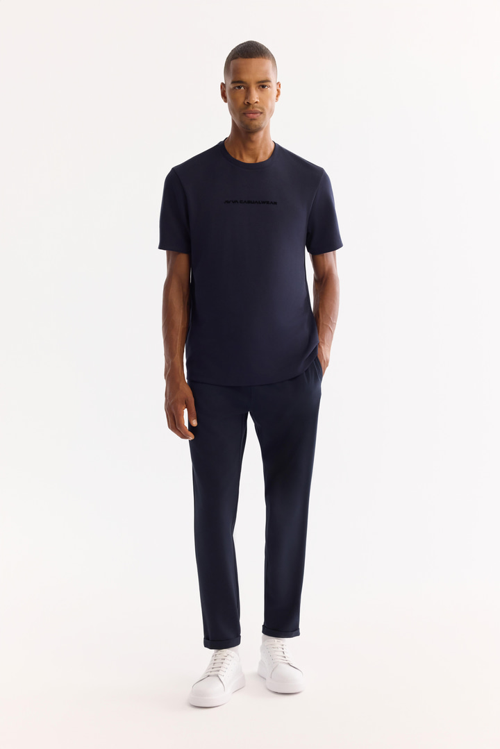 Lacivert Bisiklet Yaka Viskon Karışımlı Bi-Stretch Baskılı T-Shirt