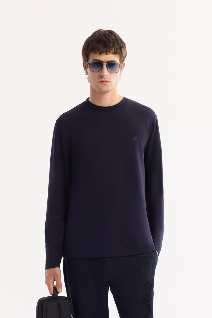 Lacivert Bisiklet Yaka Viskon Karışımlı Bi-Stretch Basic Sweatshirt