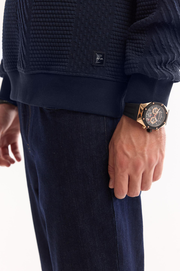 Lacivert Bisiklet Yaka Kolay Ütülenen Elastan Sweatshirt