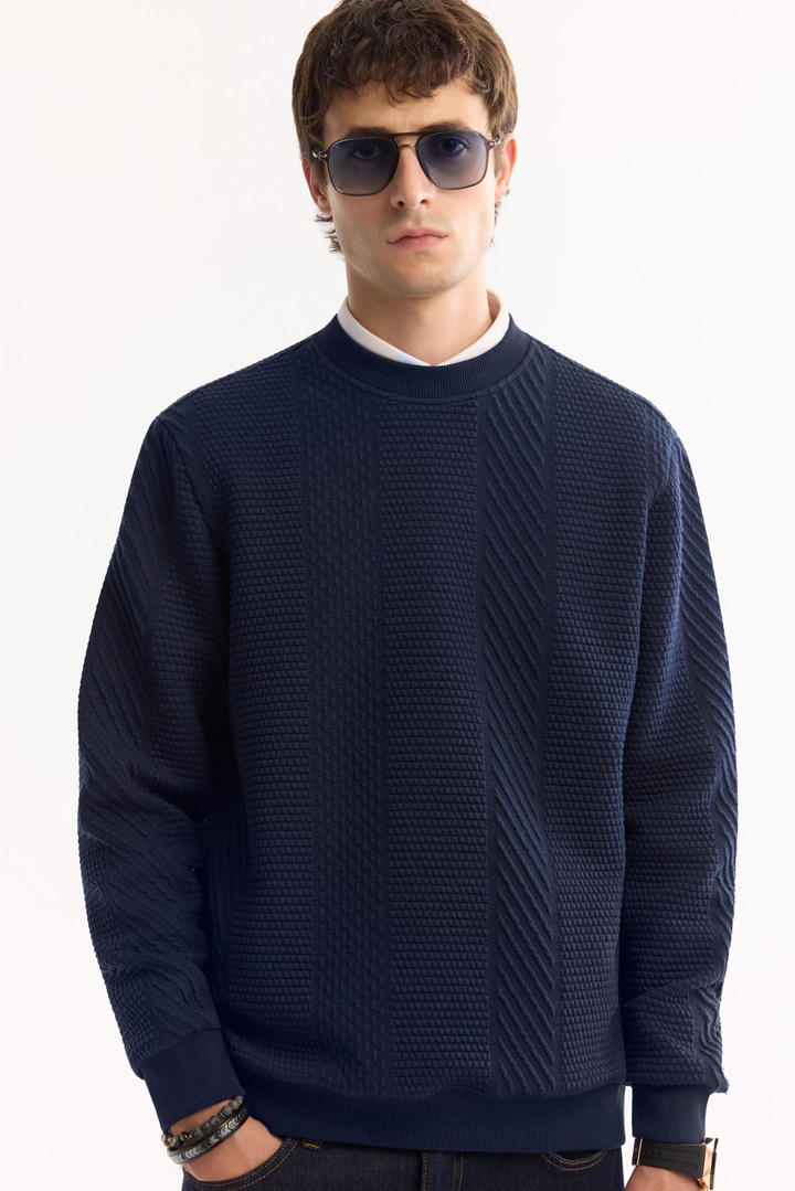 Lacivert Bisiklet Yaka Kolay Ütülenen Elastan Sweatshirt