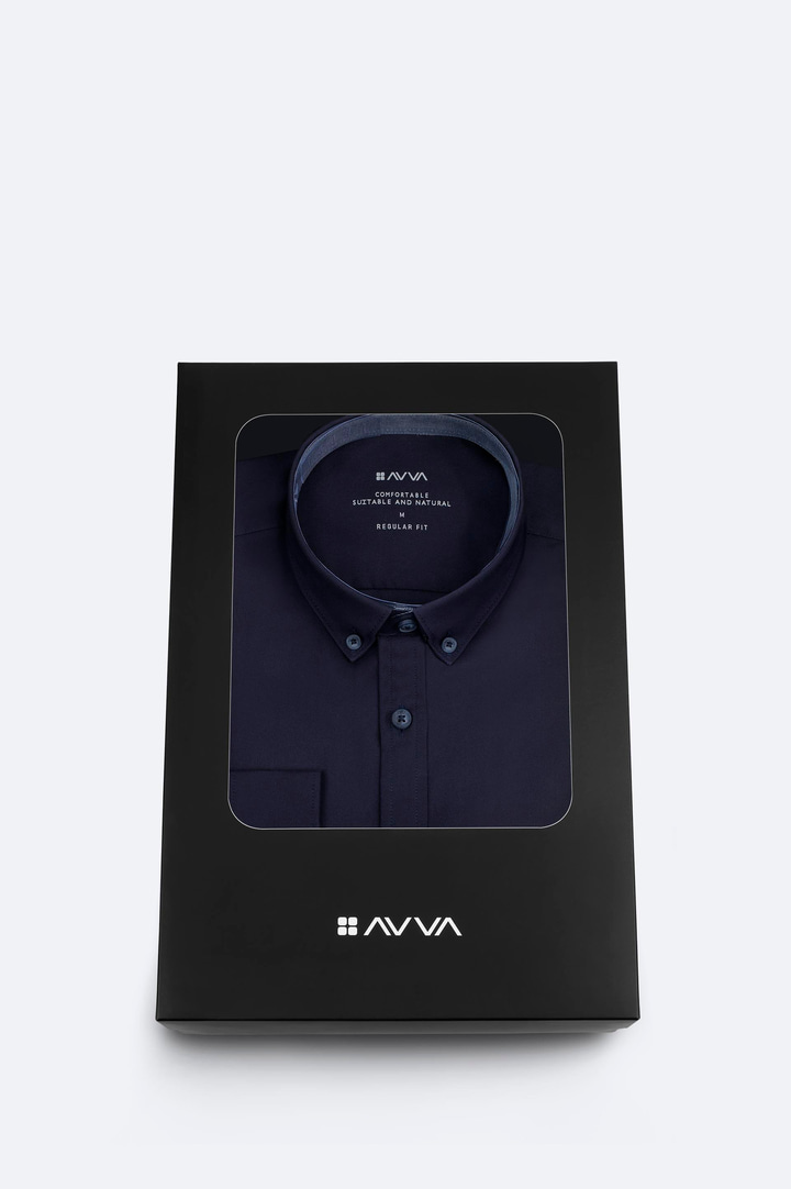 Lacivert Düğmeli Yaka Hediye Kutulu %100 Pamuk Basic Gömlek