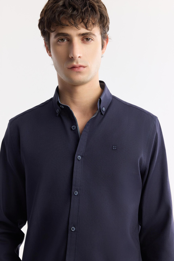 Lacivert Düğmeli Yaka Hediye Kutulu %100 Pamuk Basic Gömlek