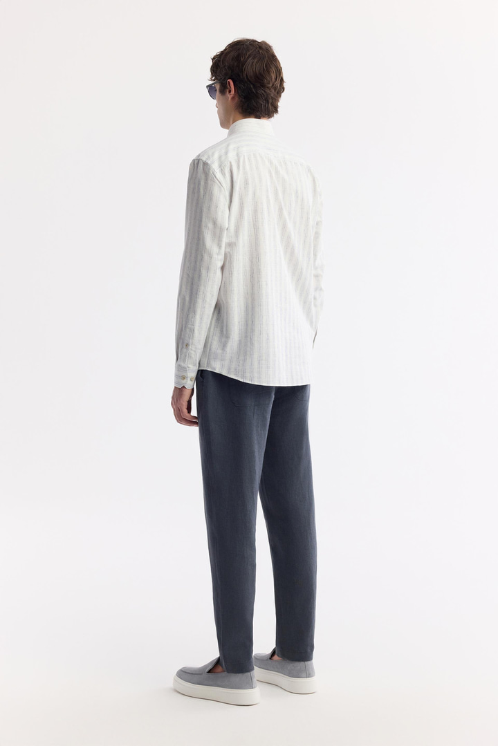 Lacivert Düğmeli Yaka Çizgili Keten Karışımlı Gömlek