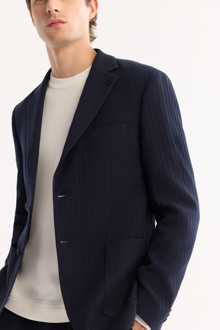 Lacivert Mono Yaka Bi-Stretch Hafif Çizgili Blazer Ceket