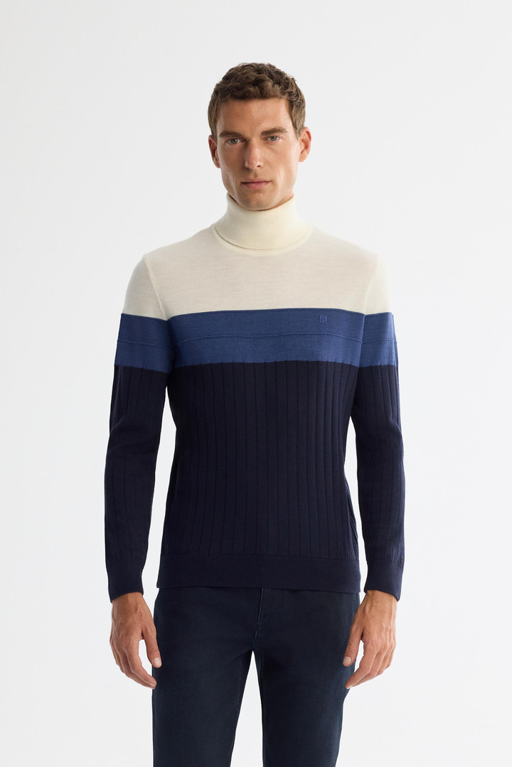 Lacivert Tam Balıkçı Yaka Blok Renkli Yün Karışımlı Kazak