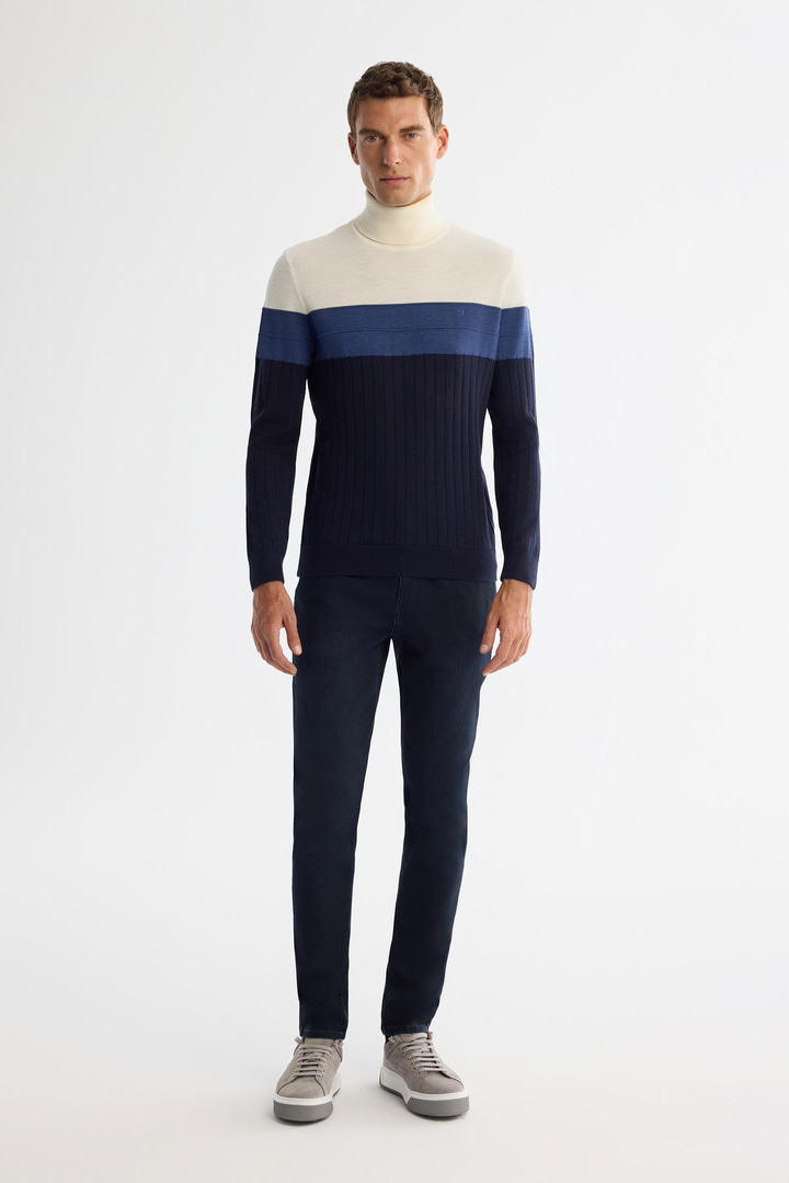 Lacivert Tam Balıkçı Yaka Blok Renkli Yün Karışımlı Kazak