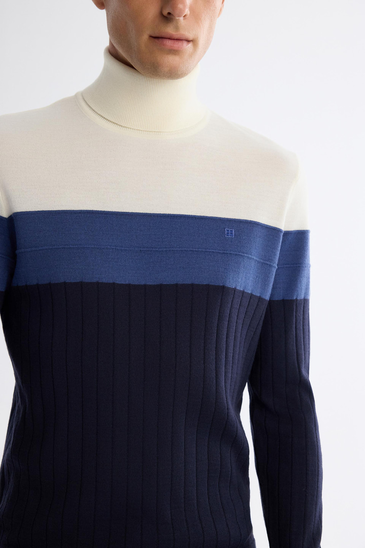 Lacivert Tam Balıkçı Yaka Blok Renkli Yün Karışımlı Kazak