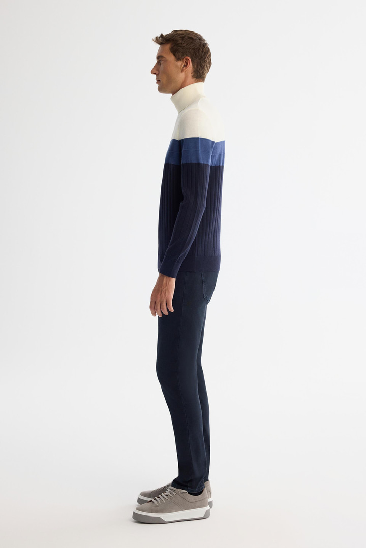 Lacivert Tam Balıkçı Yaka Blok Renkli Yün Karışımlı Kazak