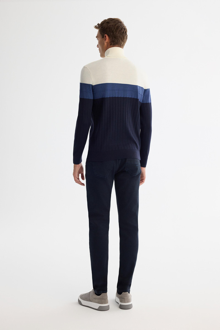 Lacivert Tam Balıkçı Yaka Blok Renkli Yün Karışımlı Kazak