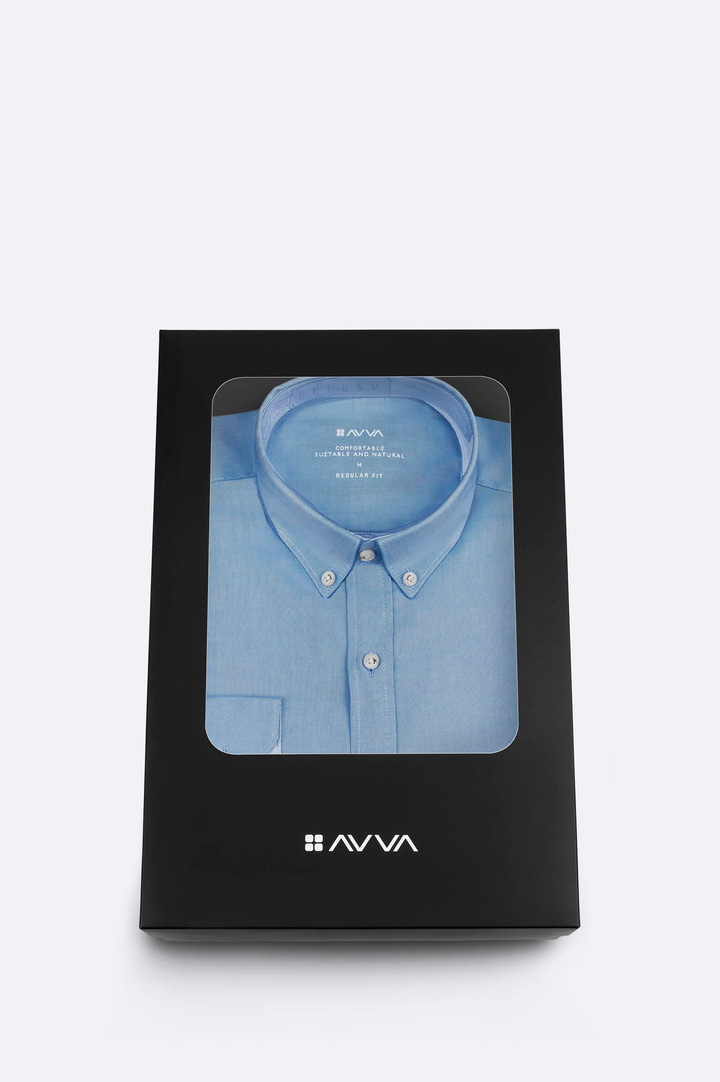 Mavi Düğmeli Yaka Hediye Kutulu %100 Pamuk Basic Gömlek