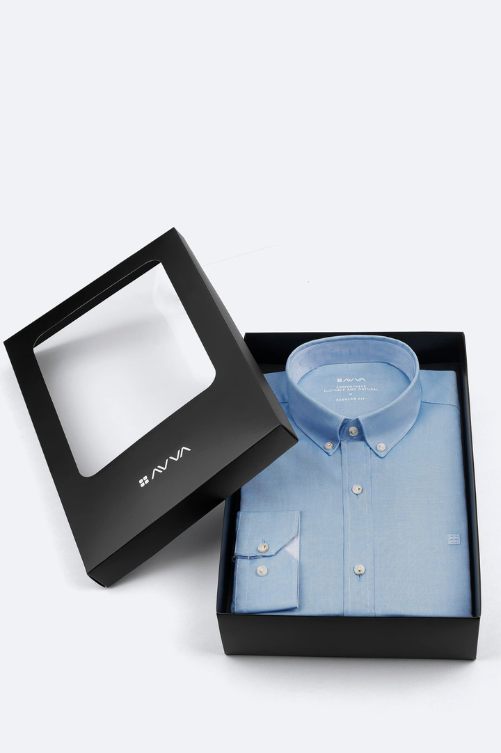 Mavi Düğmeli Yaka Hediye Kutulu %100 Pamuk Basic Gömlek