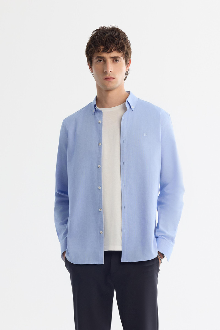 Mavi Düğmeli Yaka Hediye Kutulu %100 Pamuk Basic Gömlek