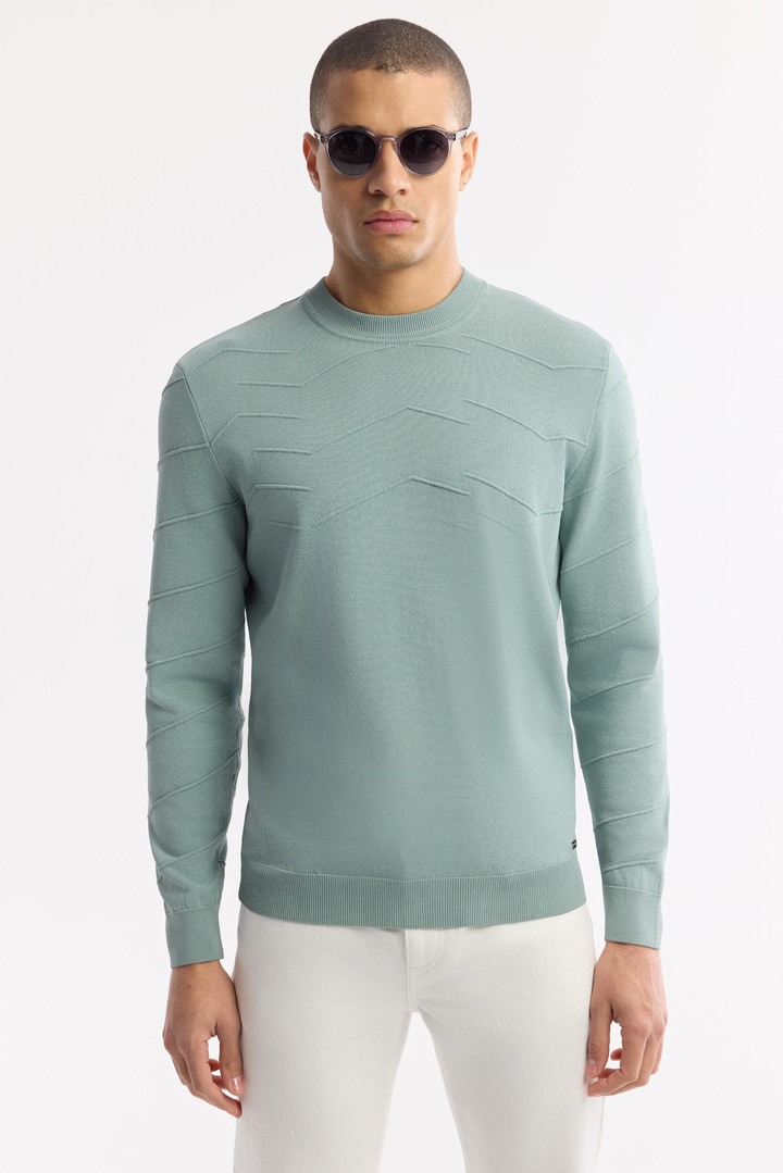 Nil Yeşili Bisiklet Yaka Dokulu Rayon Tüylenmeyen Triko Kazak