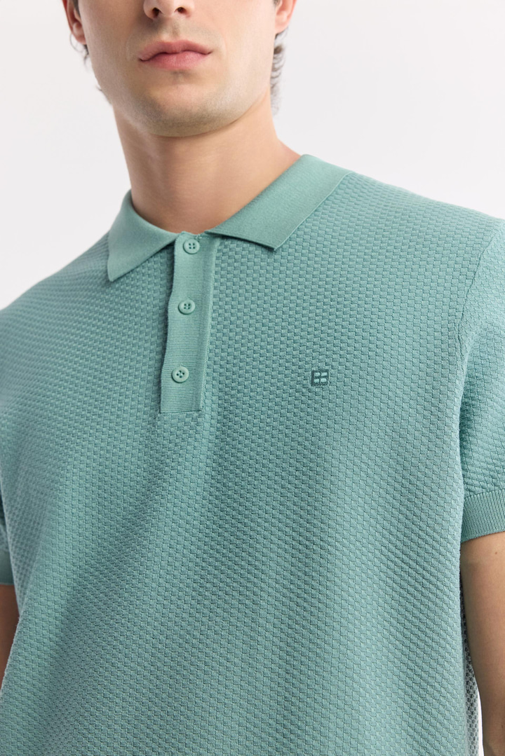 Nil Yeşili Polo Yaka Viskon Karışımlı Basic Triko T-Shirt