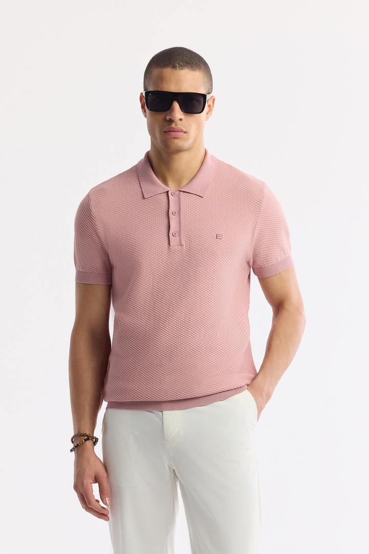 Pembe Polo Yaka Viskon Karışımlı Basic Triko T-Shirt