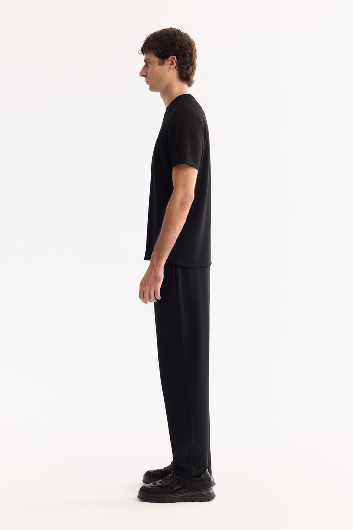 Siyah Bisiklet Yaka Viskon Karışımlı Bi-Stretch Baskılı T-Shirt