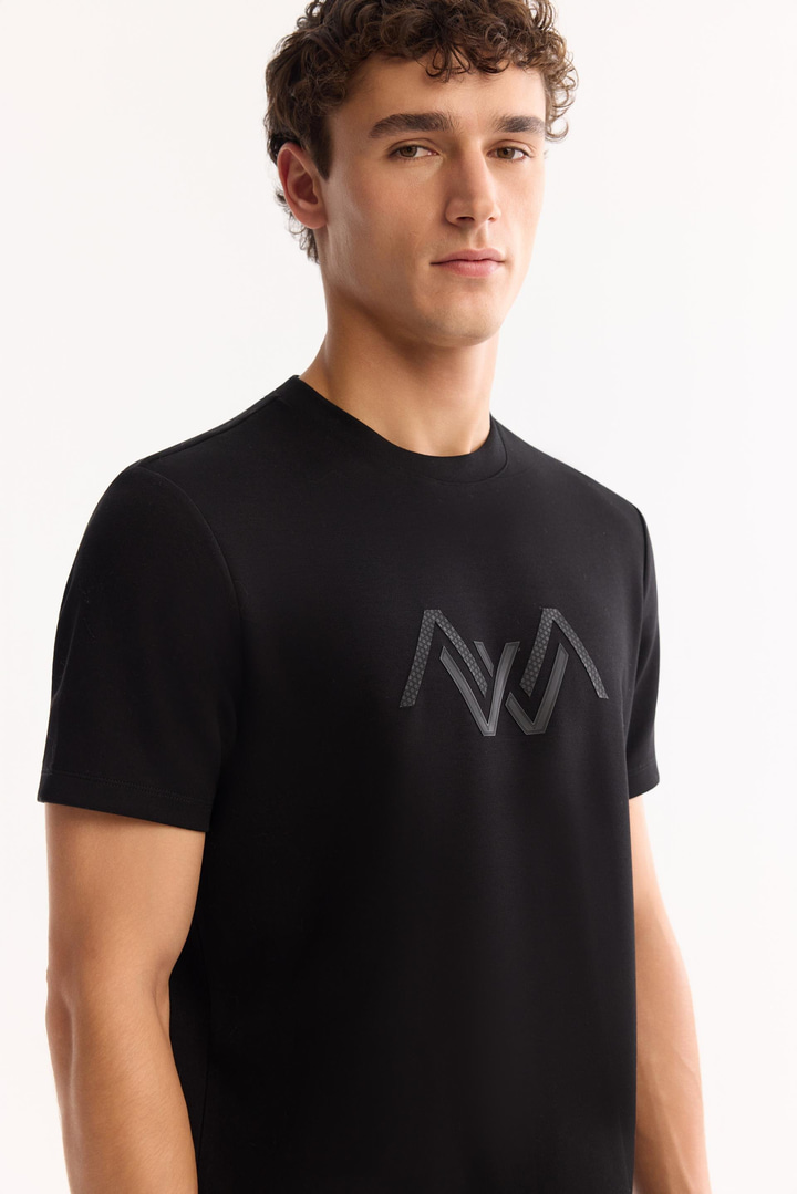 Siyah Bisiklet Yaka Viskon Karışımlı Bi-Stretch Baskılı T-Shirt