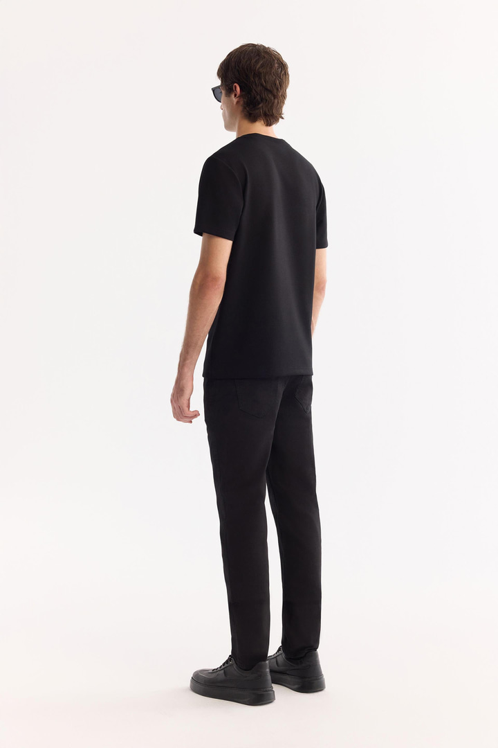 Siyah Bisiklet Yaka Viskon Karışımlı Bi-Stretch Baskılı T-Shirt