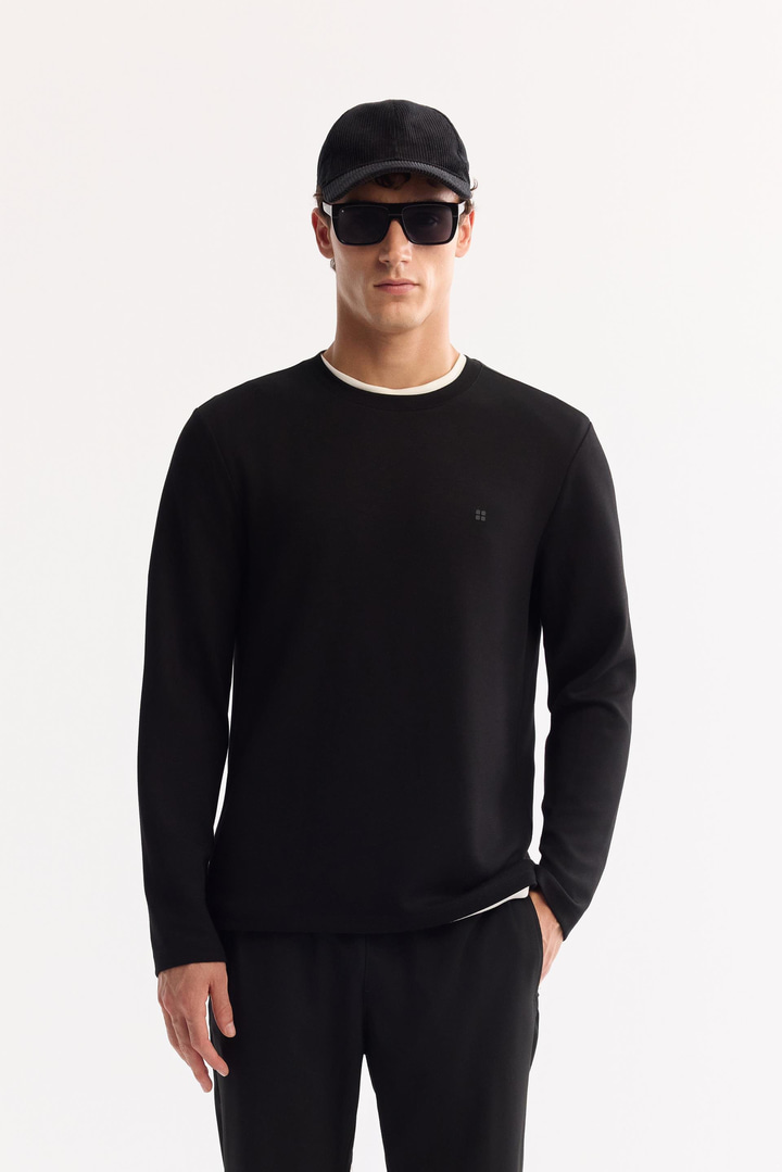 Siyah Bisiklet Yaka Viskon Karışımlı Bi-Stretch Basic Sweatshirt
