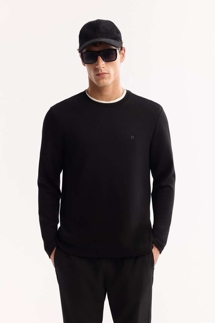 Siyah Bisiklet Yaka Viskon Karışımlı Bi-Stretch Basic Sweatshirt